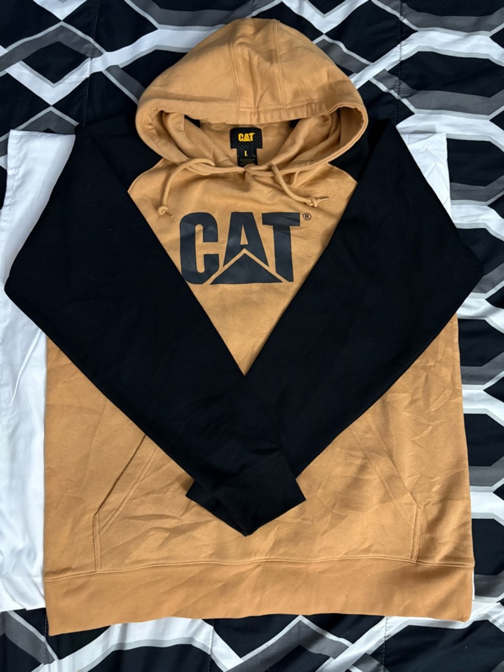 Caterpillar Black and Tan Pullover Hoodie with CAT Logo
